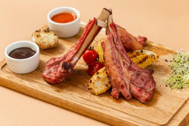 Taze ızgara et. Izgara dana biftek pişmiş ahşap kesme tahtası üzerinde. Üstten Görünüm.