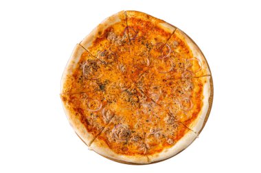 Restaurantlar ve pizzacılar için tanıtım broşürü, leziz bir pizza, mozzarella peyniri ve metin alanınızın fotokopisi.