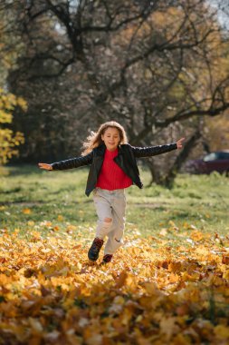 Sonbahar parkında eğlenen çocuk portresi