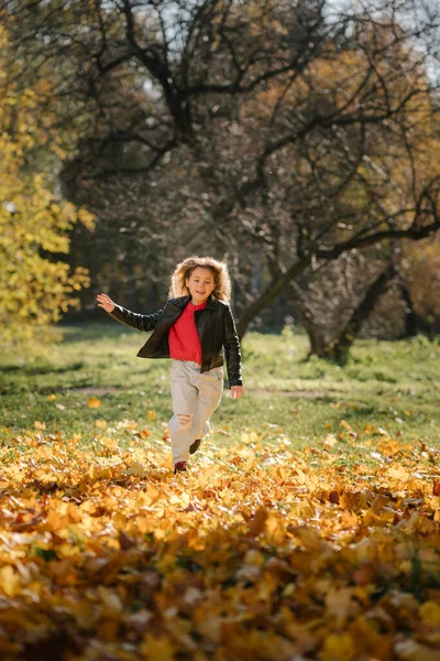 Portret Van Een Meisje Dat Plezier Heeft Het Herfstpark — Stockfoto