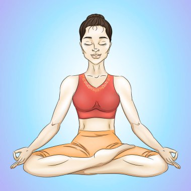 Woman in the lotus position. Padmasana. Yoga poses. Vector character on the theme of yoga, meditation, active lifestyle and health