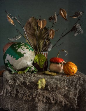 Masada olgun ve lezzetli balkabakları var. Eski seramik sürahi. Bir buket kurutulmuş bitki. Geriye dönük natürmort.