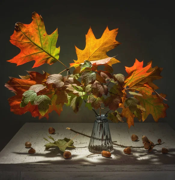 Bouquet Oak Branches Autumn Leaves Acorns Rolled Table — Stock Photo, Image