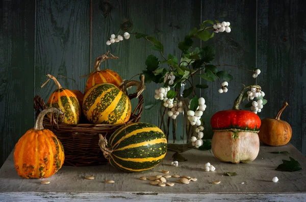 Des Citrouilles Mûres Sur Table Bouquet Branches Avec Des Baies — Photo