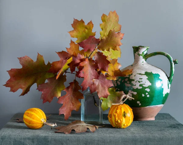 Branch Autumn Leaves Vase Autumn Colors Leaves Ripe Small Pumpkins — Stock Photo, Image