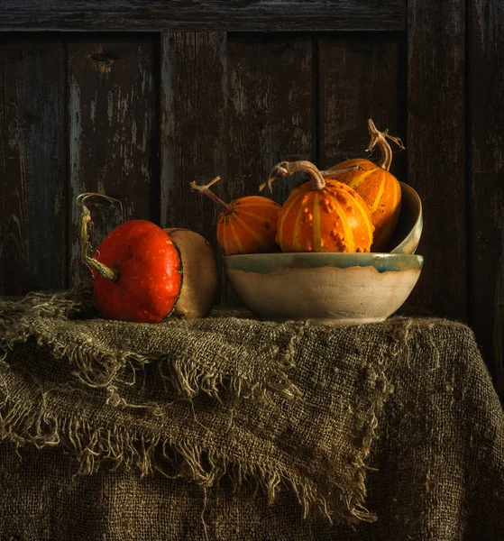 Citrouilles Mûres Savoureuses Sur Table Nature Morte Rétro — Photo