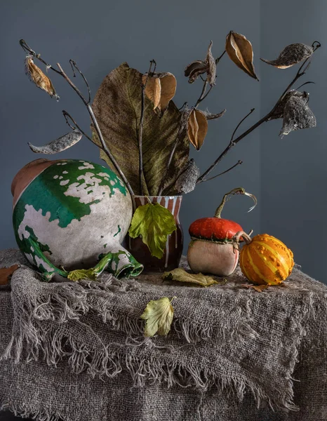 Masada olgun ve lezzetli balkabakları var. Eski seramik sürahi. Bir buket kurutulmuş bitki. Geriye dönük natürmort.