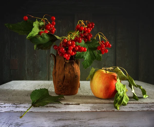 Une Branche Avec Bouquet Baies Viorne Mûres Une Pomme Mûre — Photo