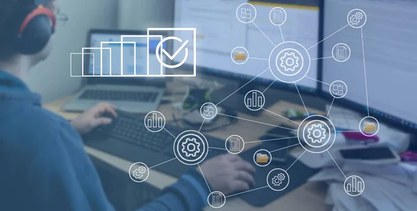 Digital technology, internet connection. The document management system is set up by an IT consultant working in the office. Software for archiving, searching and managing corporate files.