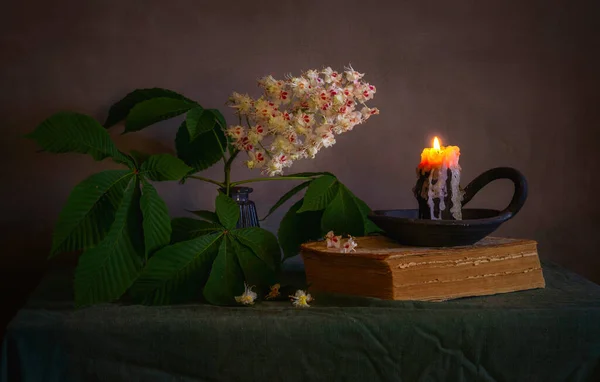 Chestnut flowers on a branch with leaves and a burning candle. Evening.