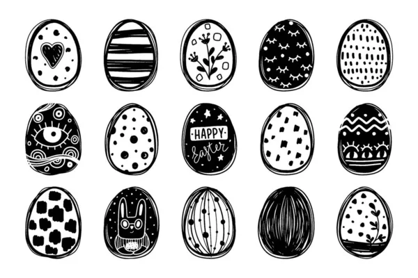 Hand Drawn Black White Eggs Set Isolated White Background Happy — Stock Vector