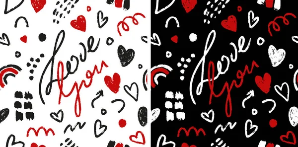 Cute Hand Drawn Love Pattern Background Hearts Abstract Shapes Happy — Stock Vector