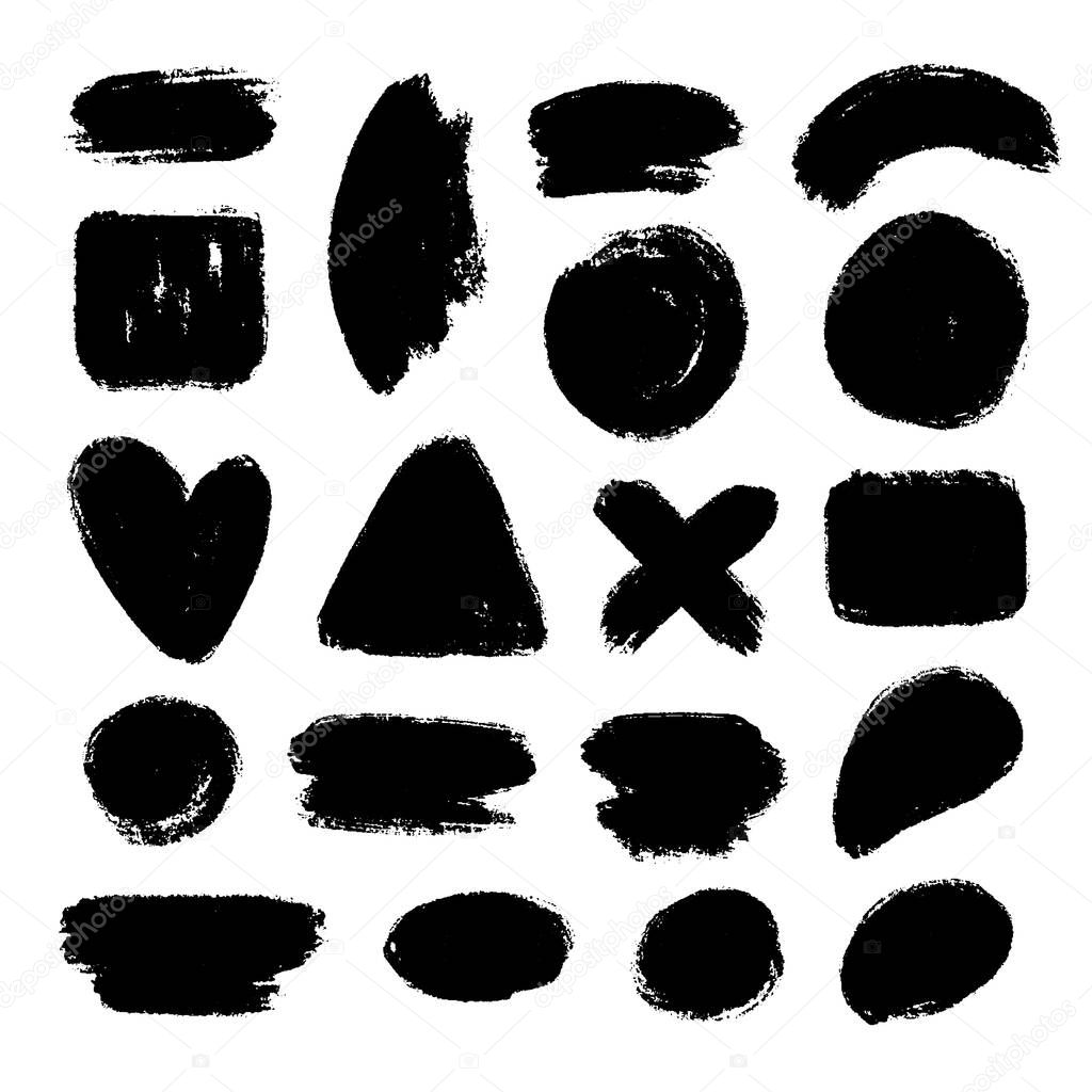 Set of hand drawn brushes and chalk design elements. Black brushstrokes and dashes. Grunge circle, square. Artistic creative shapes. Vector illustration