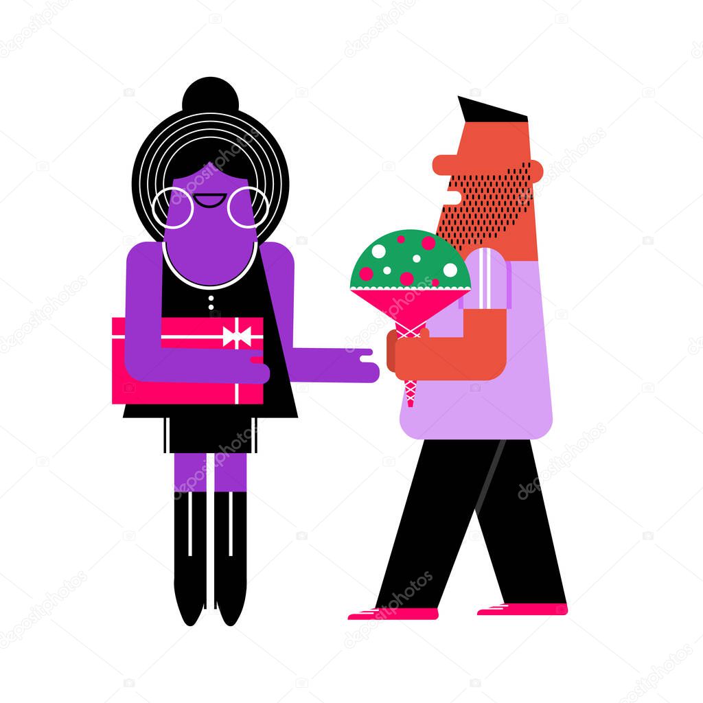 A man gives a flower to a beautiful woman. Valentine Day or  International Women's Day concept. Modern art vector illustration of couple. Flat design congratulation
