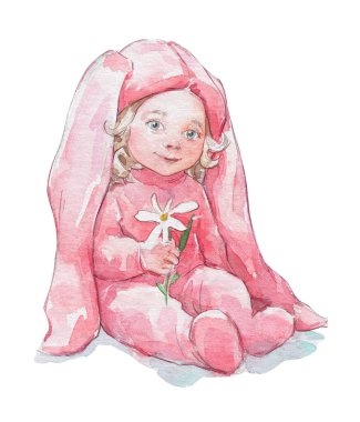 Pembe tavşan pijamalı çocuk ıssız suluboya resim yapıyor.