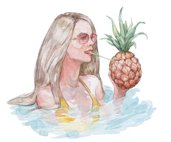 Young Woman Drinking Pineapple Cocktail Watercolor Art — Stock Photo, Image