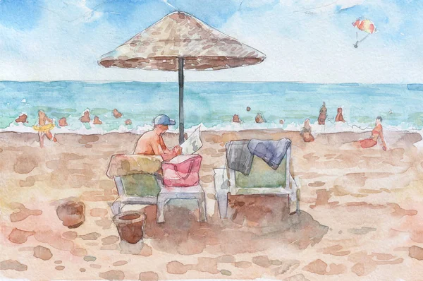 Люди Отдыхают Пляже Акварелью Иллюстрации — стоковое фото