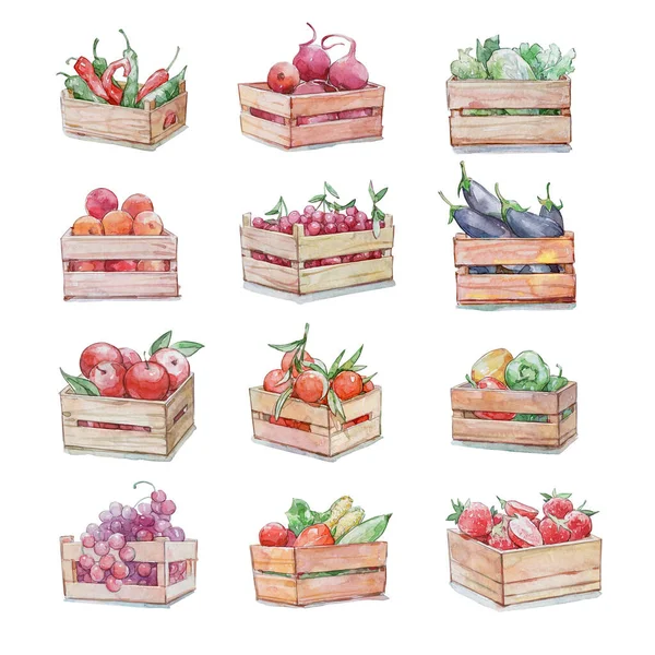 Dřevěné Krabice Zeleninou Ovocem Akvarel Umění — Stock fotografie