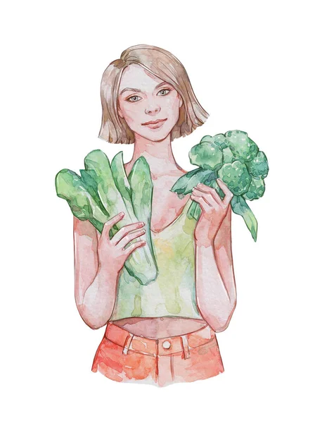 Lahana Brokoli Ile Poz Veren Kadın Suluboya Sanat Telifsiz Stok Imajlar