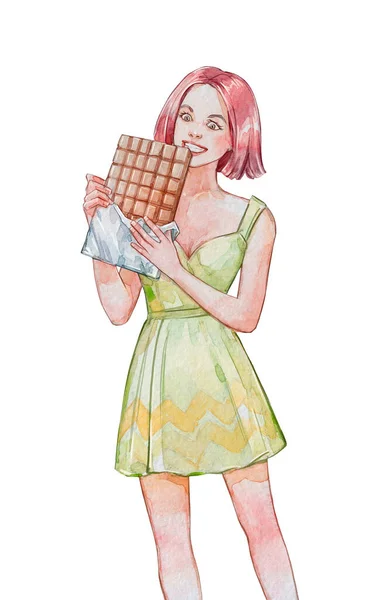 Excited Young Woman Huge Chocolate Watercolor Art — Fotografia de Stock