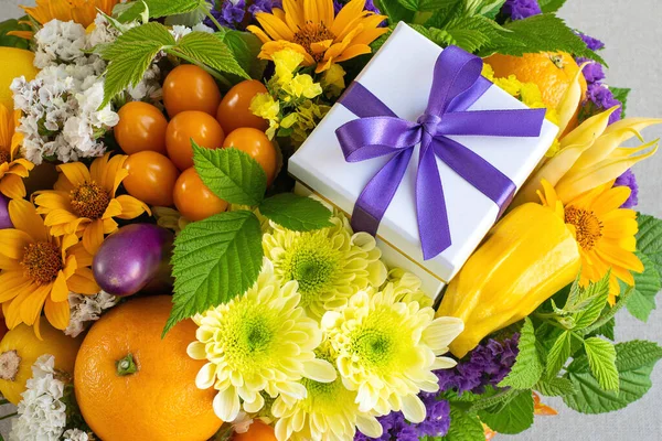 Composição Festiva Frutas Legumes Cores Amarelas Close — Fotografia de Stock