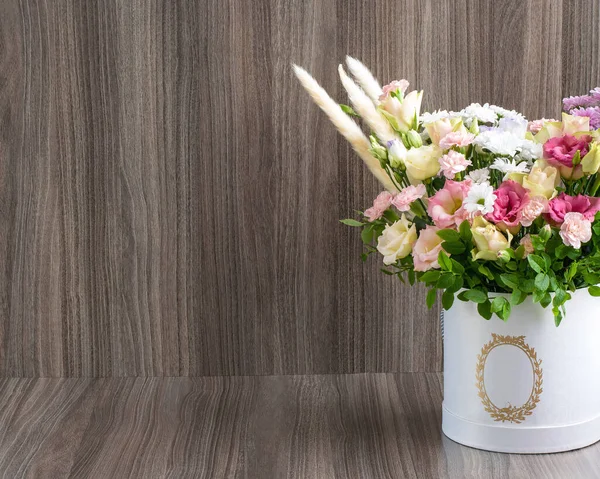 Modern Floral Arrangement Box Wooden Background — Fotografia de Stock