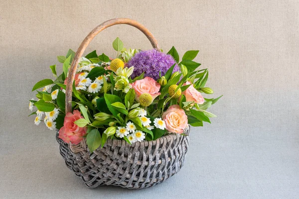Wicker Basket Filled Fresh Flowers Light Background — Fotografia de Stock
