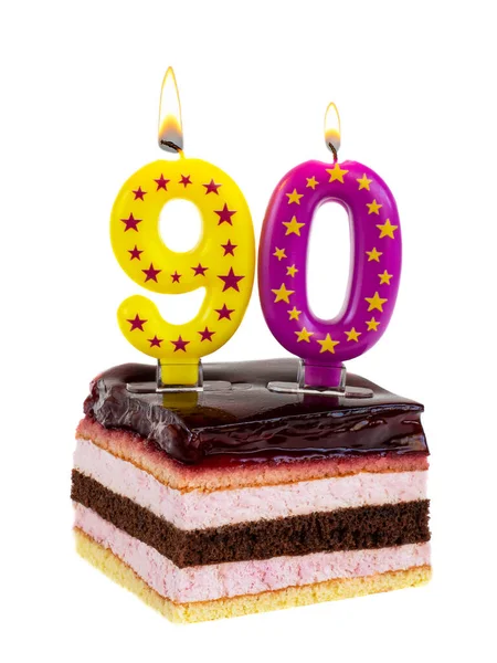 Appetizing Cherry Birthday Cake Burning Candles 90Th Anniversary Isolated White — Stock Photo, Image