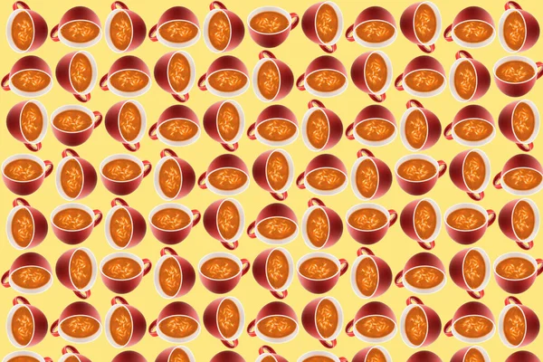 Abstract Composition Red Ceramic Cups Tomato Soup Yellow Background — Stock Photo, Image