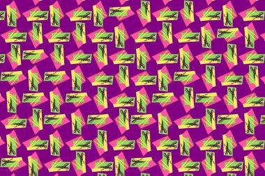 Mor arkaplan üzerinde makas, kağıt kenarlar ve inşaat kağıtlarının soyut parlak bileşimi