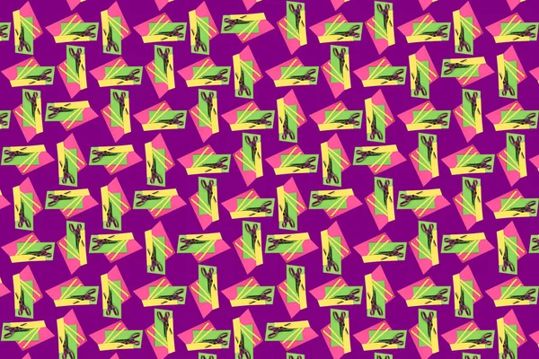 Mor arkaplan üzerinde makas, kağıt kenarlar ve inşaat kağıtlarının soyut parlak bileşimi