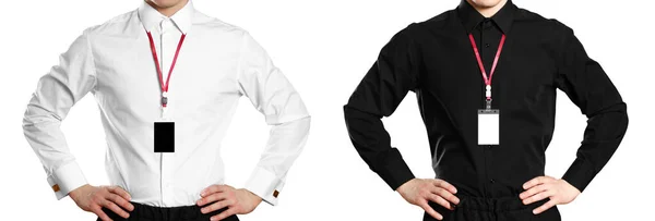 Homem Camisa Branca Preta Com Distintivo Frente Fecha Isolado Sobre — Fotografia de Stock