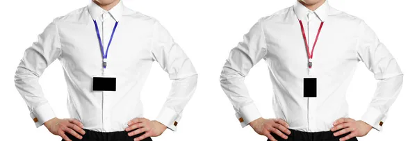 Мужчина Белой Черной Рубашке Значком Впереди Закрывай Изолированный Белом Фоне — стоковое фото
