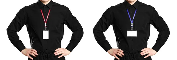 Een Man Een Witte Zwarte Shirt Met Een Badge Voorkant — Stockfoto