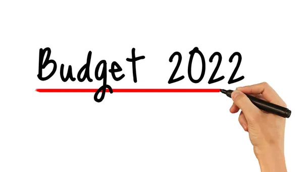 Mão Escreve Texto Orçamento Para 2022 Com Marcador Fundo Branco — Fotografia de Stock