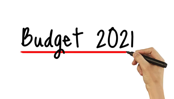Mão Escreve Texto Orçamento Para 2021 Com Marcador Fundo Branco — Fotografia de Stock