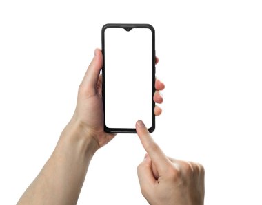 Beyaz arka planda izole edilmiş modern akıllı telefon kullanan erkek eli.