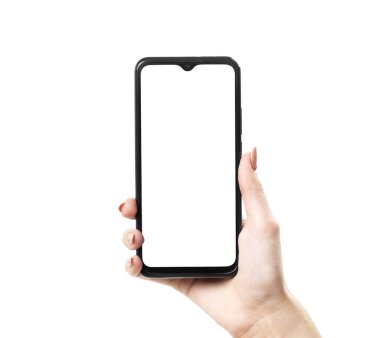 Dikey olarak modern akıllı telefonu tutan kadın beyaz arka planda izole edilmiş..