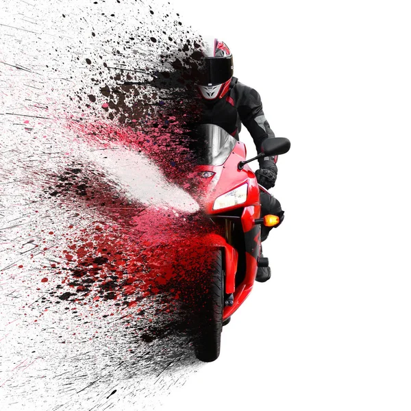 Всадник Красном Мотоциклетном Шлеме Черным Козырьком Разбрызгивается Спрей Изолированный Белом Лицензионные Стоковые Изображения