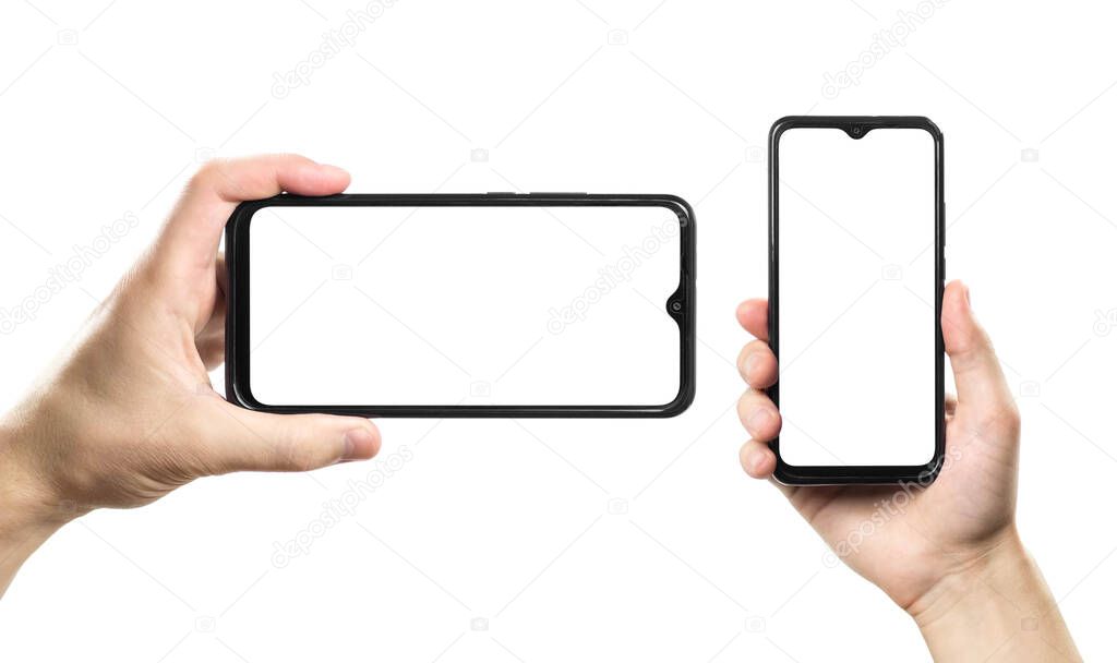 man hand holding vertically and horizontally modern smart phone isolated on white background.