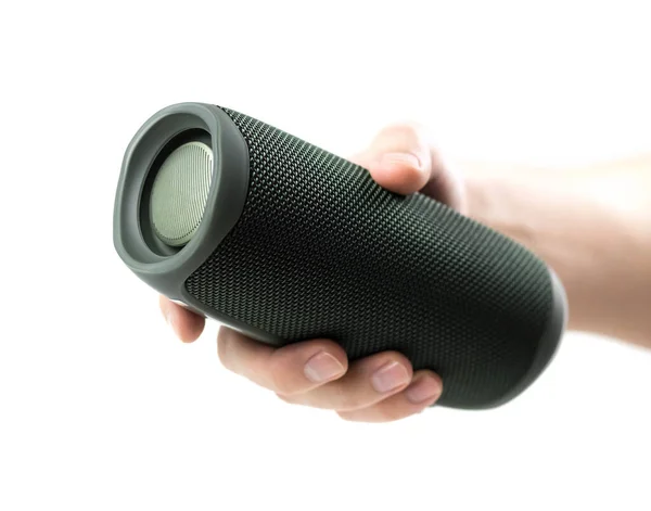 Hand Holds Portable Wireless Speaker Close Isolated White Background — Stock Photo, Image