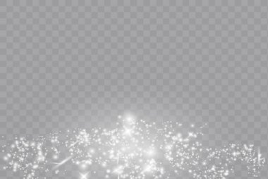 Toz kıvılcımları ve beyaz yıldızlar özel ışıkla parlıyor. Şeffaf bir arkaplanda vektör parıldıyor. Noel ışığı etkisi.