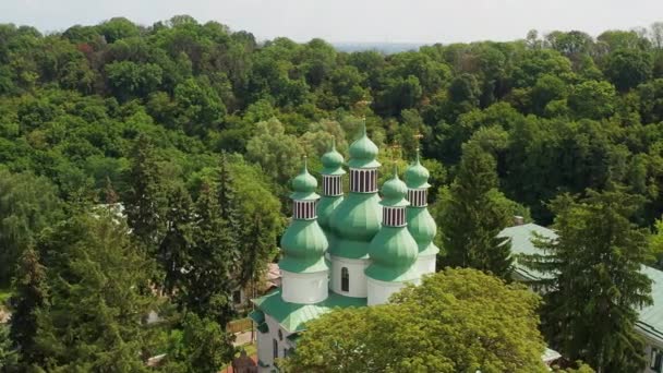 Bela Vista Superior Igreja Cúpulas Verdes Entre Árvores Mosteiro Floresta — Vídeo de Stock