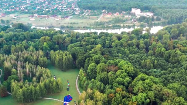 Mooi Uitzicht Het Park Bos Bedekt Met Groen Morgen Rivier — Stockvideo