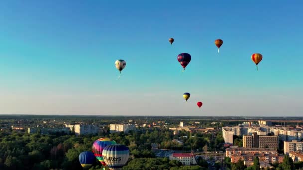 Bunte Luftballons Fliegen Über Felder Häuser Bäume Blauer Himmel — Stockvideo