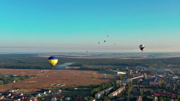 Sokszínű Lufik Repülnek Mezők Házak Fák Felett Kék — Stock videók