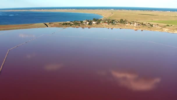 Bela Vista Superior Lago Rosa Salgado Belo Pôr Sol Rosa — Vídeo de Stock