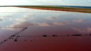 Tuzlu, pembe gölün güzel üst manzarası. Güzel pembe gün batımı.