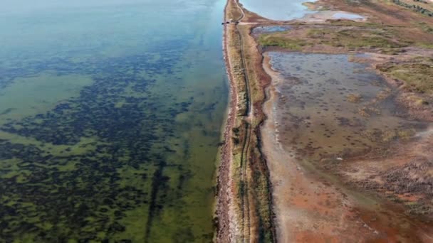 Flight Quadrocopter Salt Lakes Sea Coastline Little Vegetation Top View — Stock Video