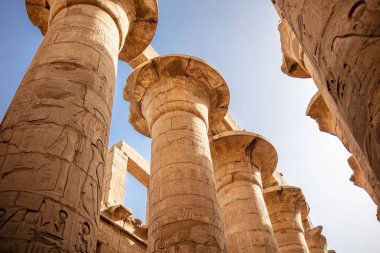 Karnak tapınağında hiyeroglifli farklı sütunlar. Karnak tapınağı eski Mısır 'daki en büyük kompleks..